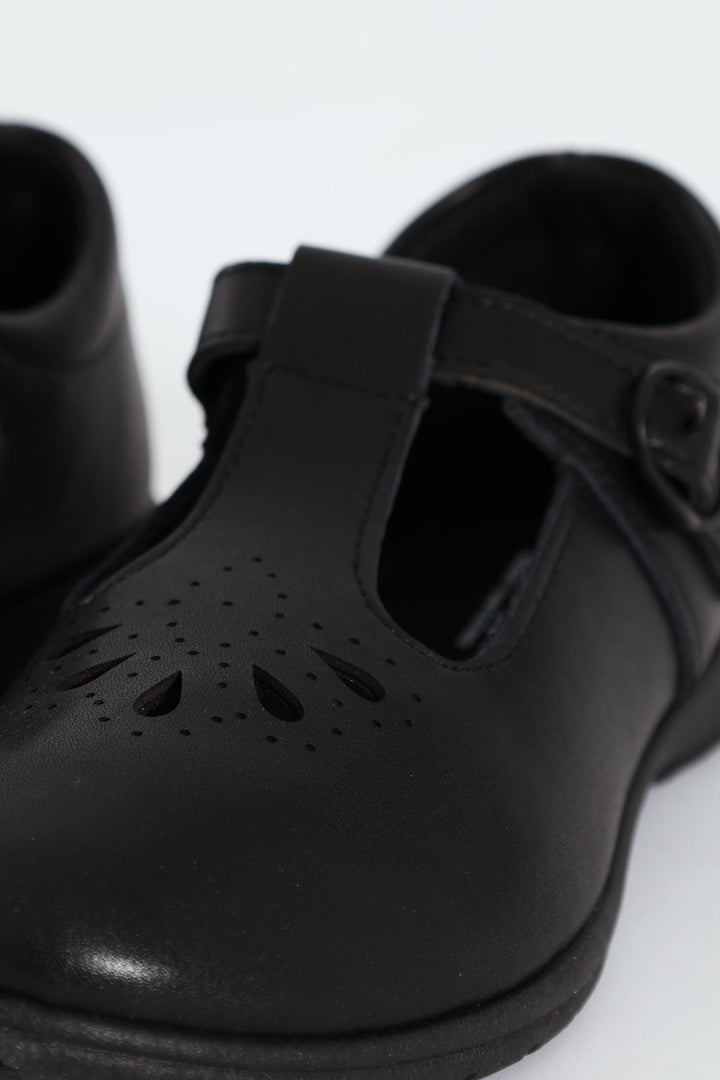 Girls Crown Teardrop School Shoe - Black