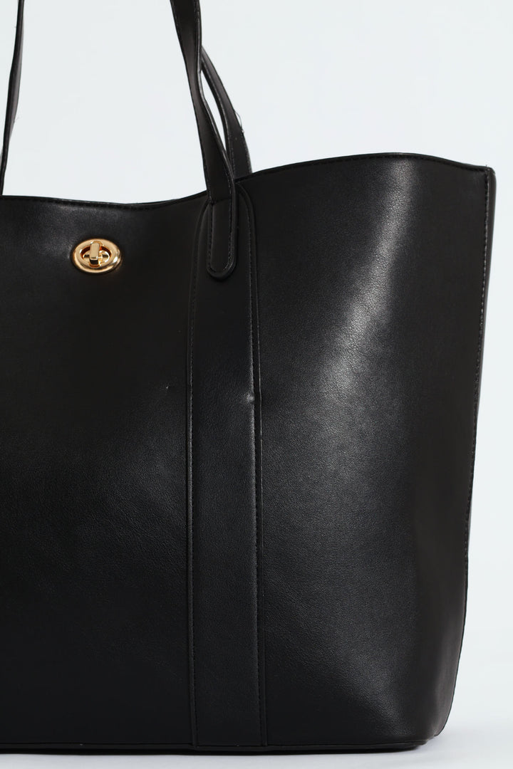 Gold Clasp Large Shopper - Black
