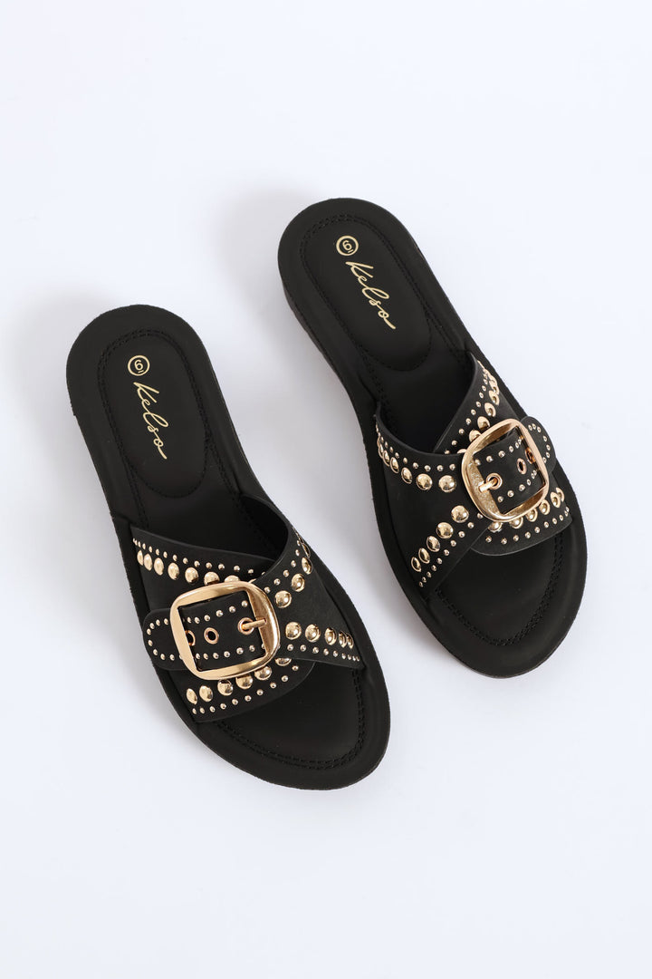 Buckle & Stud Detail Mule Sandal - Black