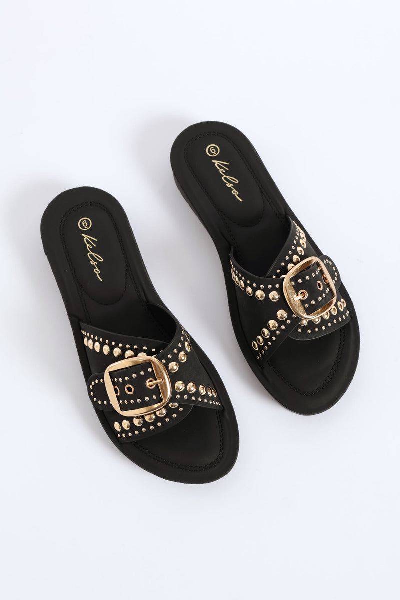 Buckle & Stud Detail Mule Sandal - Black