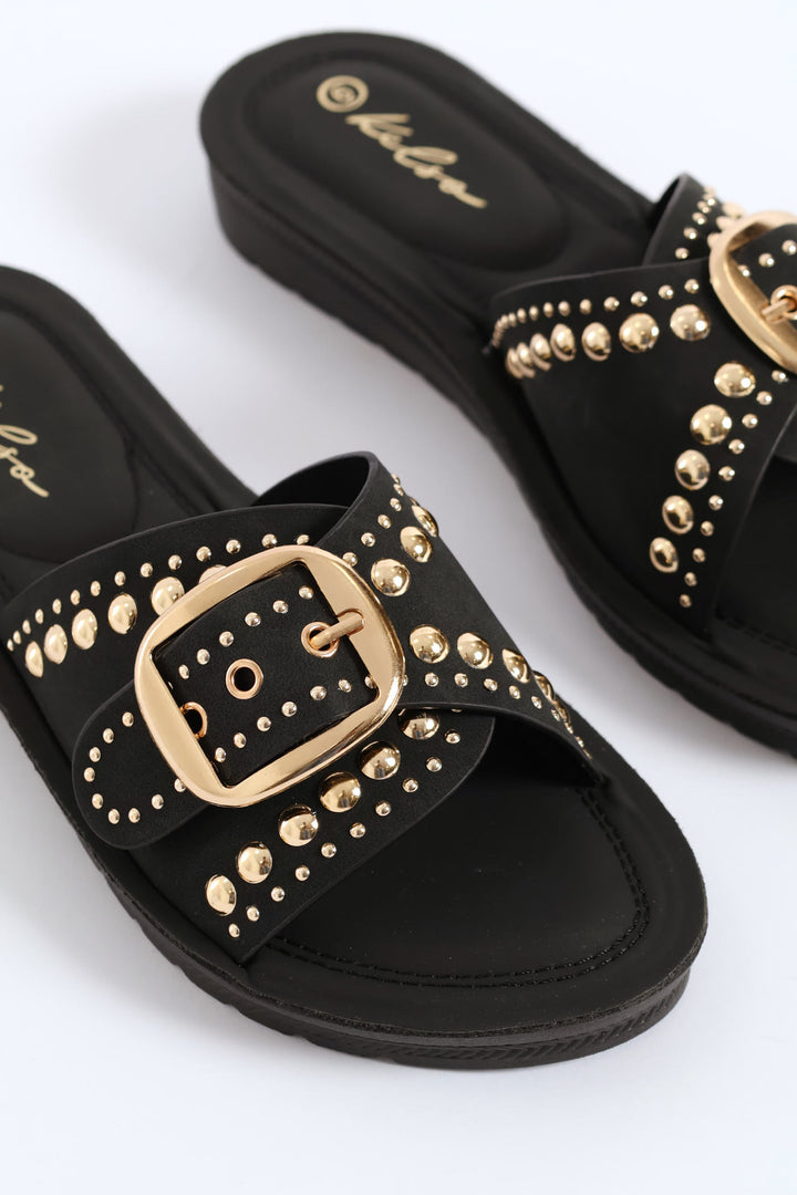 Buckle & Stud Detail Mule Sandal - Black