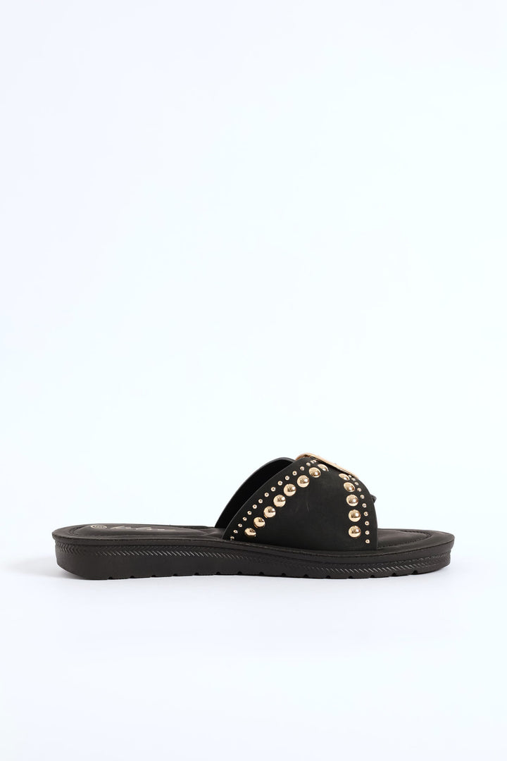 Buckle & Stud Detail Mule Sandal - Black