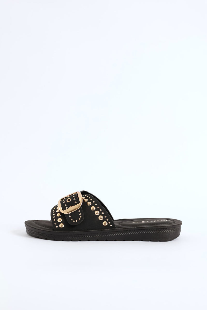 Buckle & Stud Detail Mule Sandal - Black