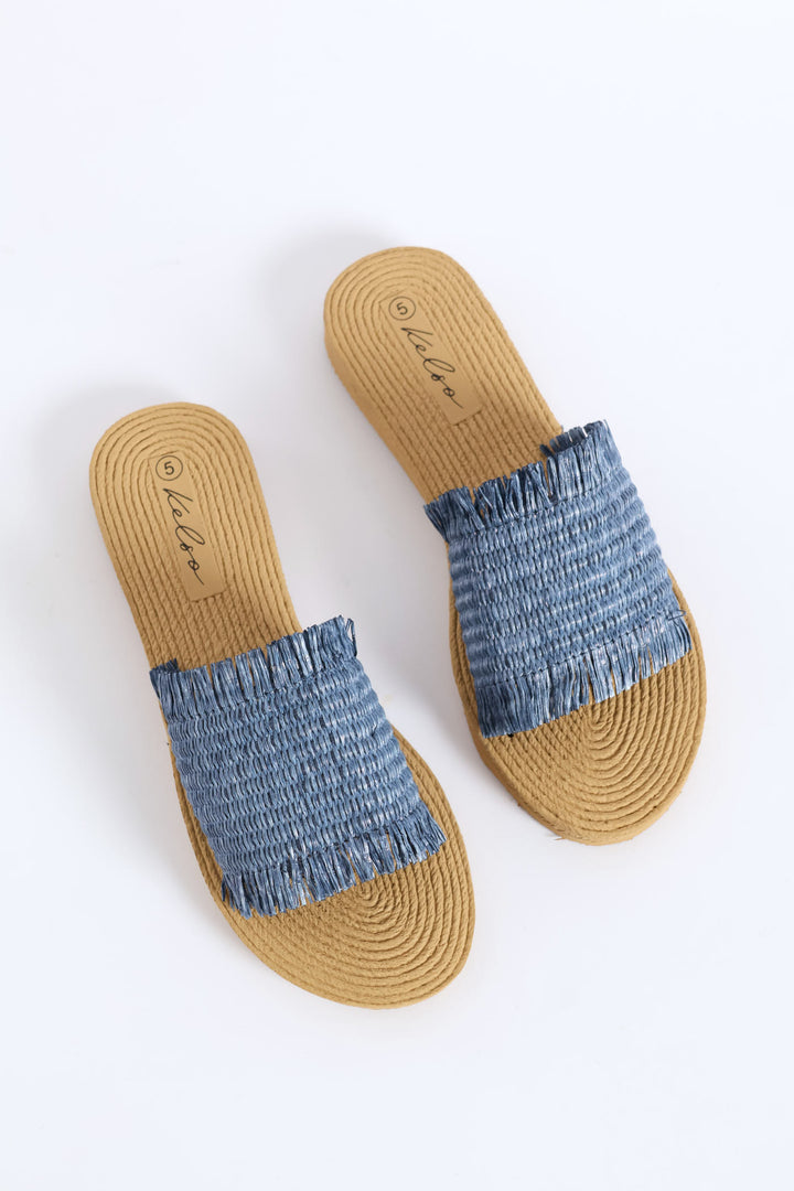 Fringe Detail Raffia Mule Sandal - Blue