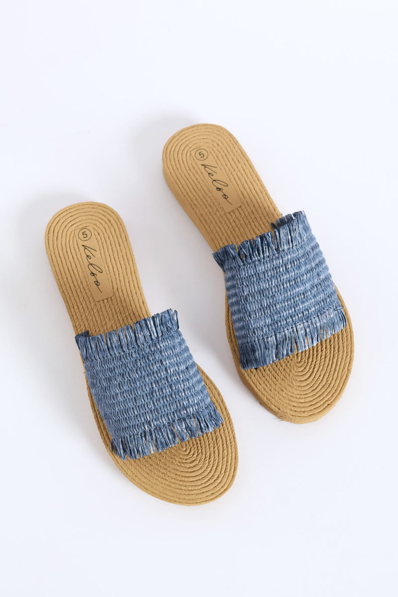 Fringe Detail Raffia Mule Sandal - Blue