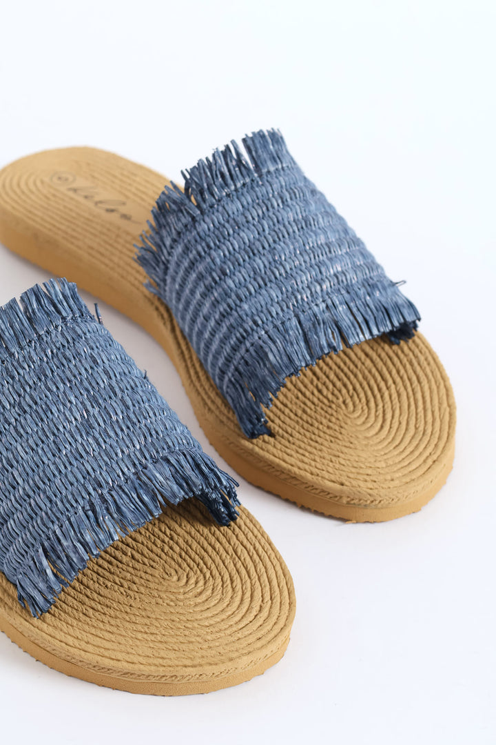 Fringe Detail Raffia Mule Sandal - Blue