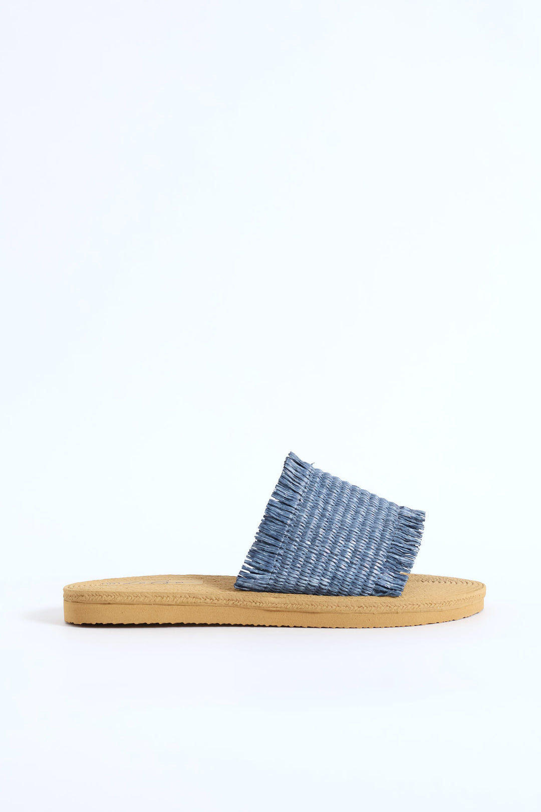 Fringe Detail Raffia Mule Sandal - Blue