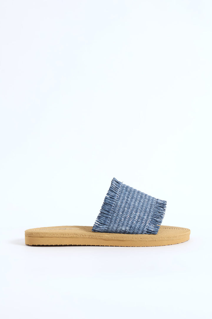 Fringe Detail Raffia Mule Sandal - Blue