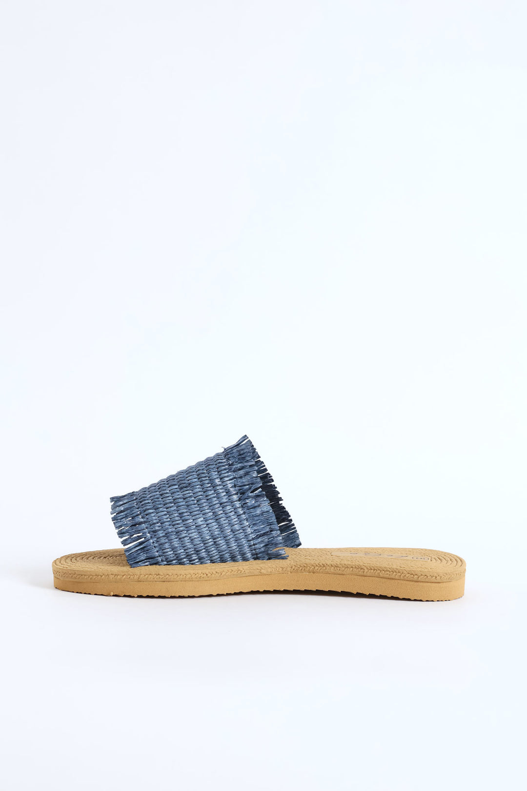 Fringe Detail Raffia Mule Sandal - Blue