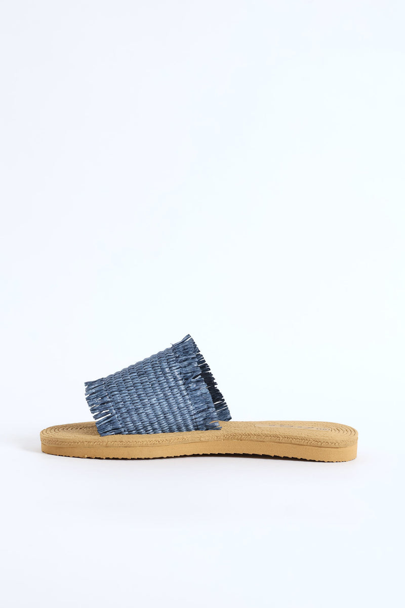 Fringe Detail Raffia Mule Sandal - Blue
