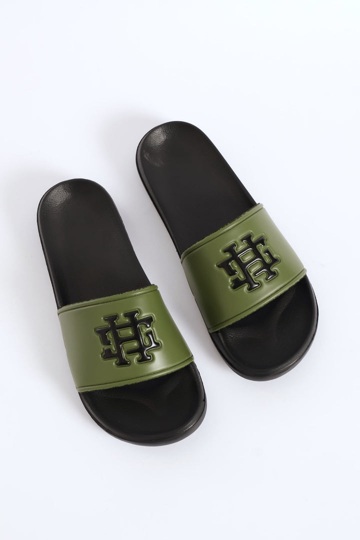 Embossed Brand On Upper Pool Slide - Olive