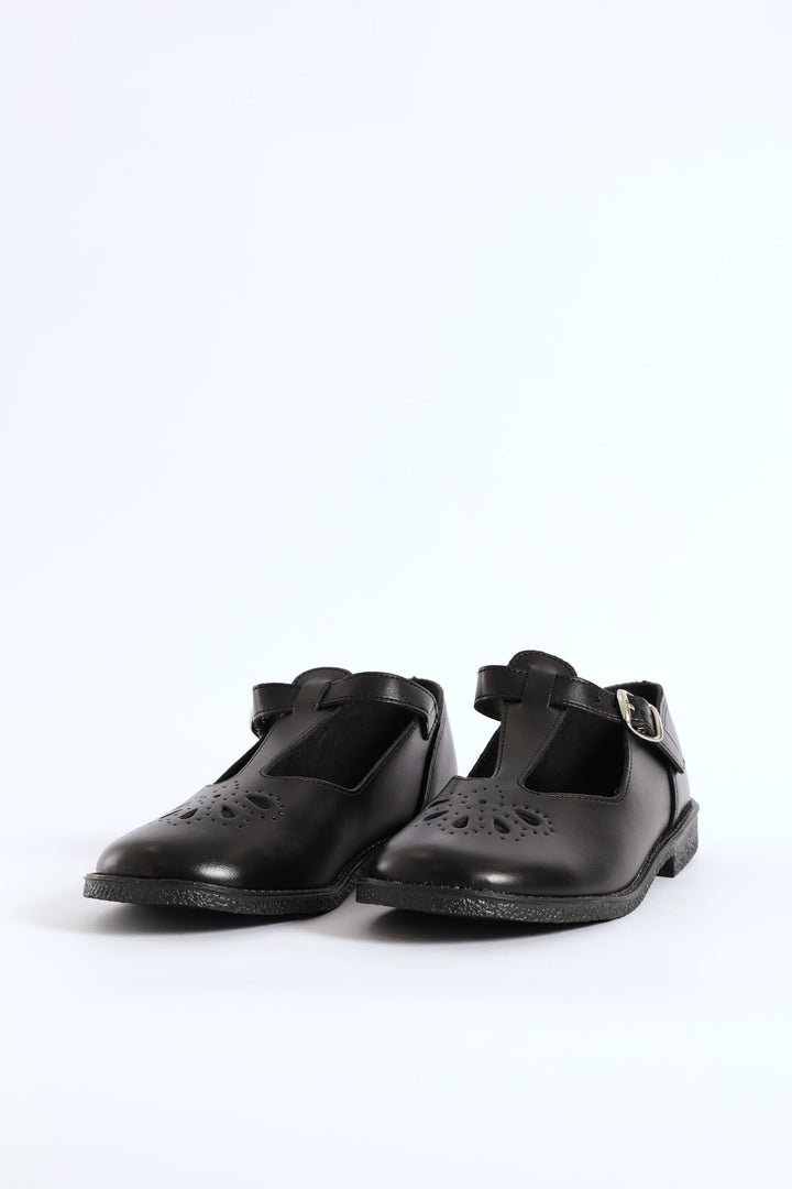 Leather Pre-Girls T-Bar School Shoe - Black