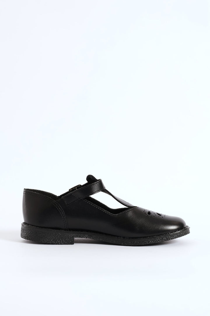 Leather Pre-Girls T-Bar School Shoe - Black