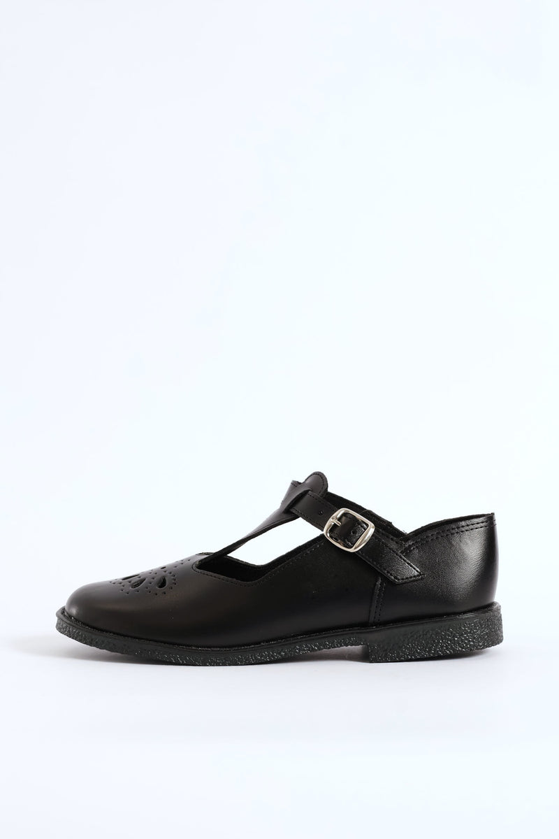 Leather Pre-Girls T-Bar School Shoe - Black