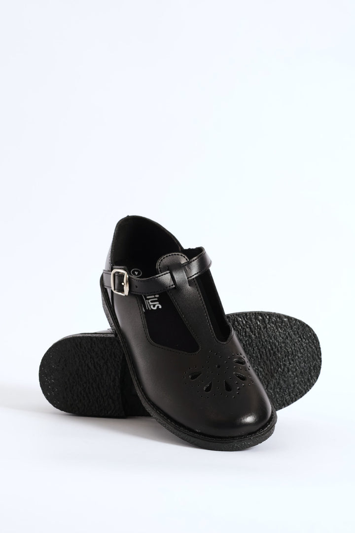 Leather Pre-Girls T-Bar School Shoe - Black