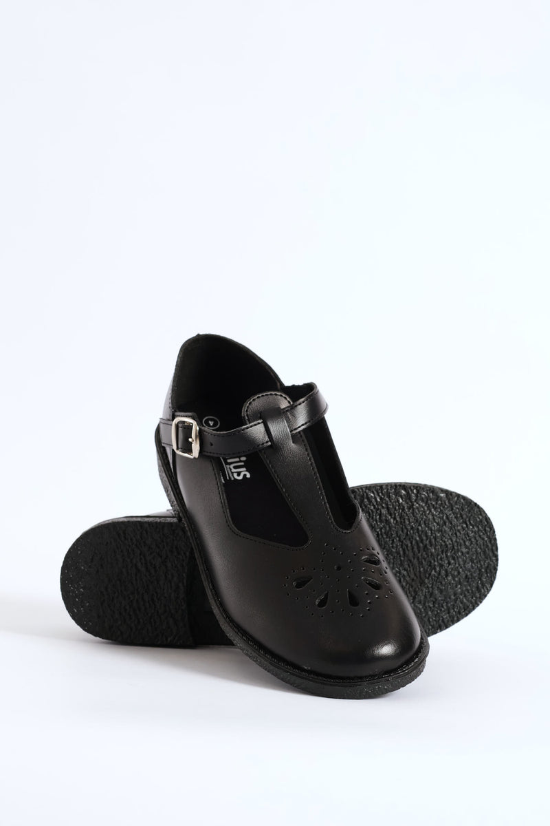 Leather Pre-Girls T-Bar School Shoe - Black