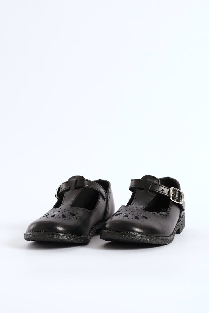 Leather Girls T-Bar School Shoe - Black