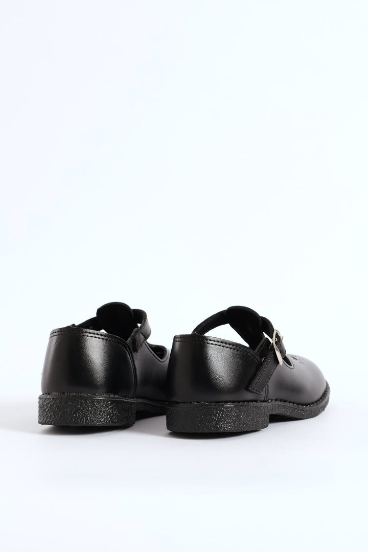 Leather Girls T-Bar School Shoe - Black