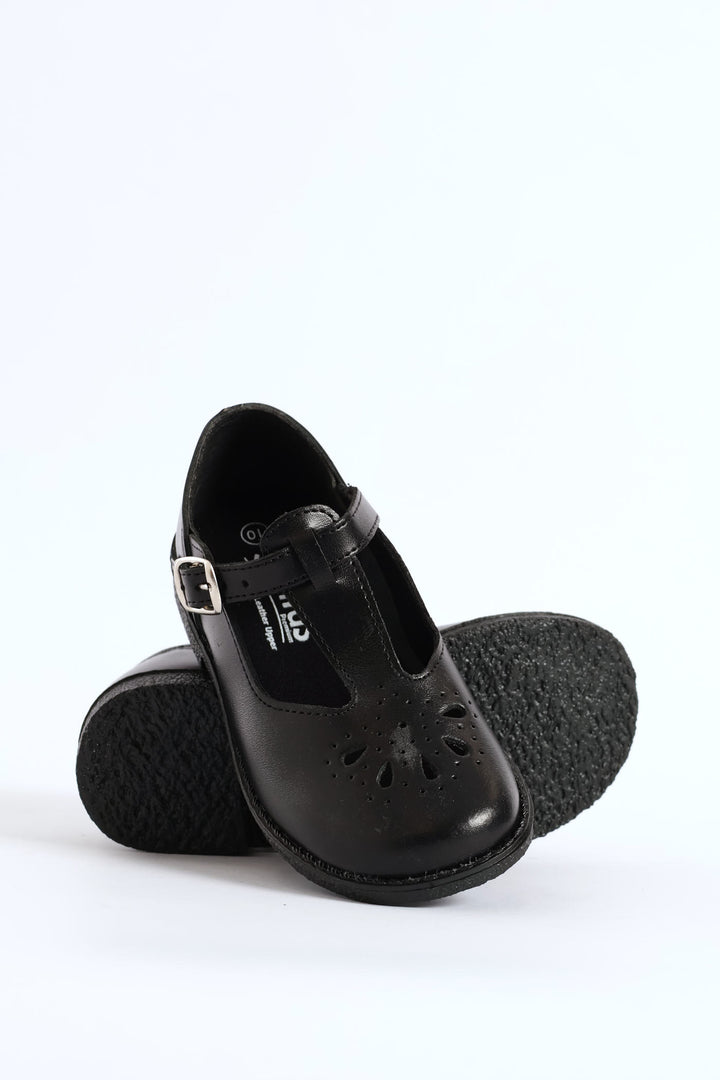 Leather Girls T-Bar School Shoe - Black