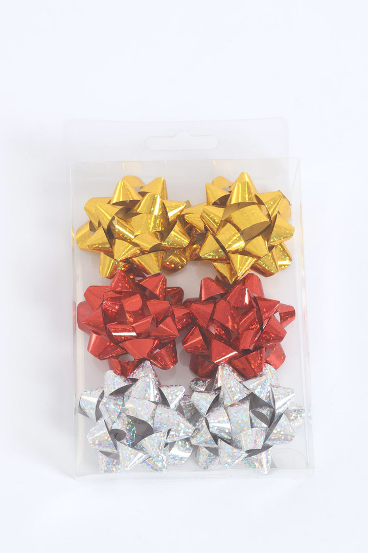 6 Pack Gold Red Silver Ribbon Stars - Multi