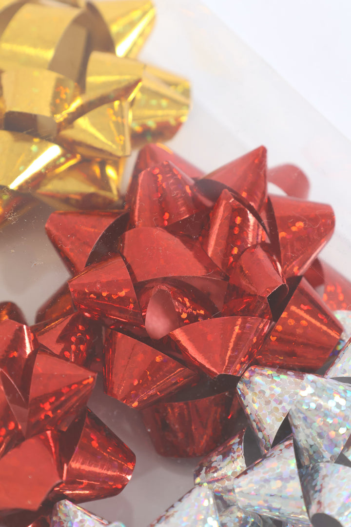 6 Pack Gold Red Silver Ribbon Stars - Multi