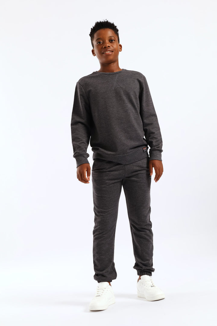 Boys Unbrushed Fleece Crew Top - Charcoal Melange