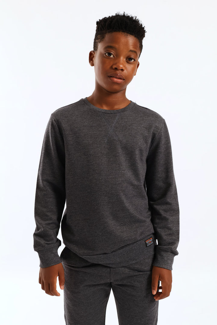 Boys Unbrushed Fleece Crew Top - Charcoal Melange