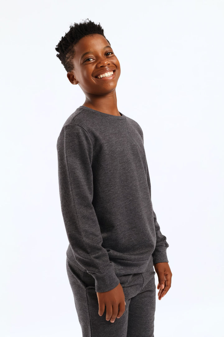 Boys Unbrushed Fleece Crew Top - Charcoal Melange