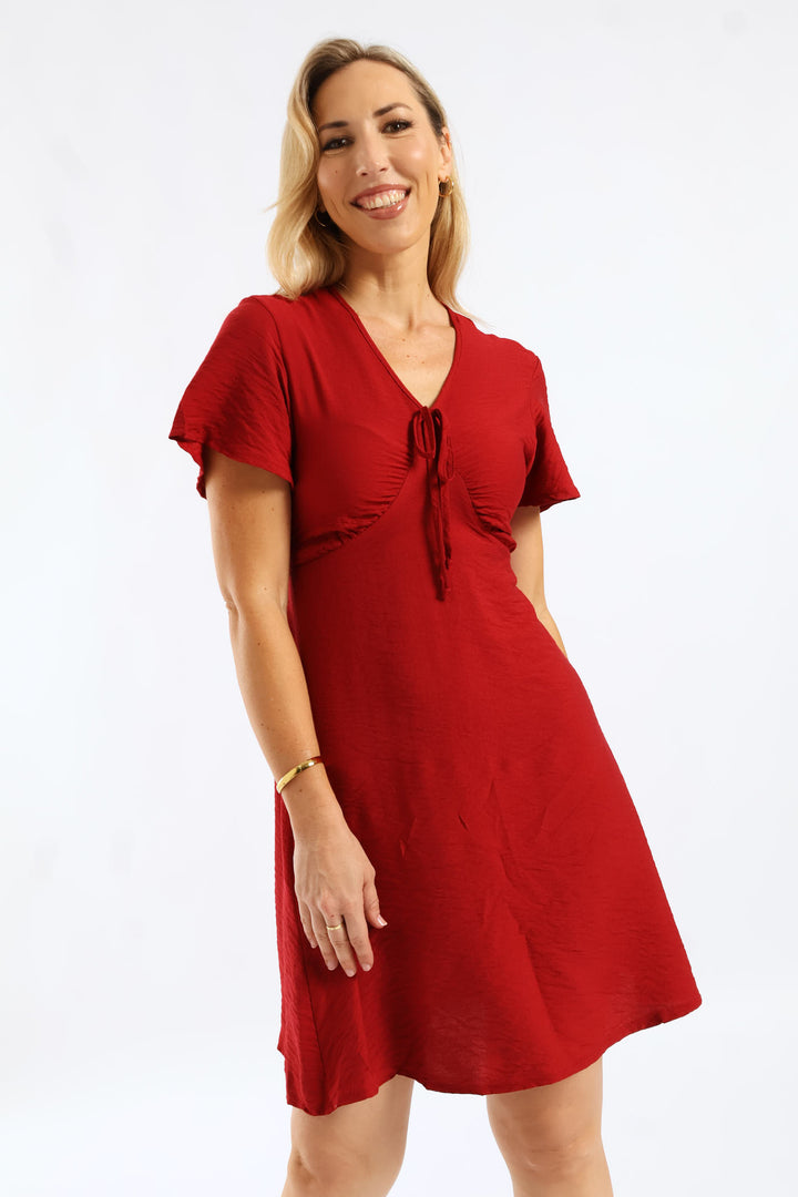 V-Neck Flutter Sleeve Tie-Back Flare Mini Dress - Rust