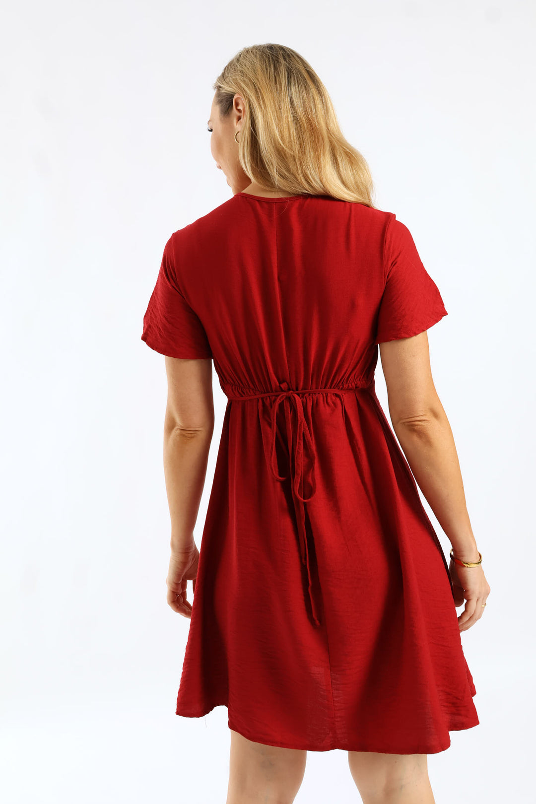 Ladies V-Neck Flutter Sleeve Tie-Back Flare Mini Dress - Rust Edgars Ladies V-Neck Flutter Sleeve Tie-Back Flare Mini Dress - Rust Edgars