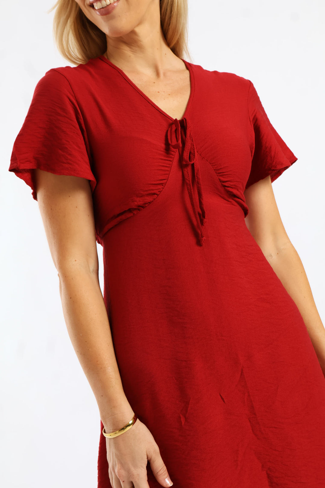Ladies V-Neck Flutter Sleeve Tie-Back Flare Mini Dress - Rust Edgars Ladies V-Neck Flutter Sleeve Tie-Back Flare Mini Dress - Rust Edgars