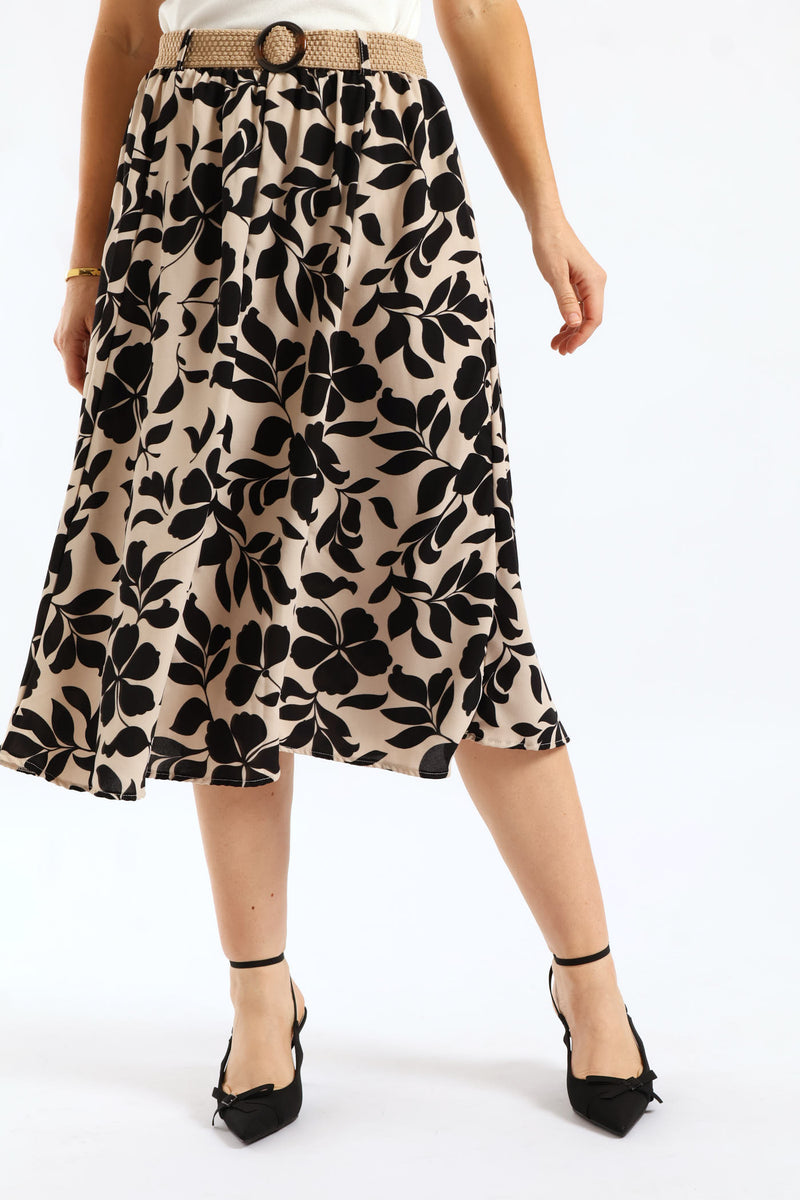 Rafia Belted Printed Flare Skirt - Stone/Black