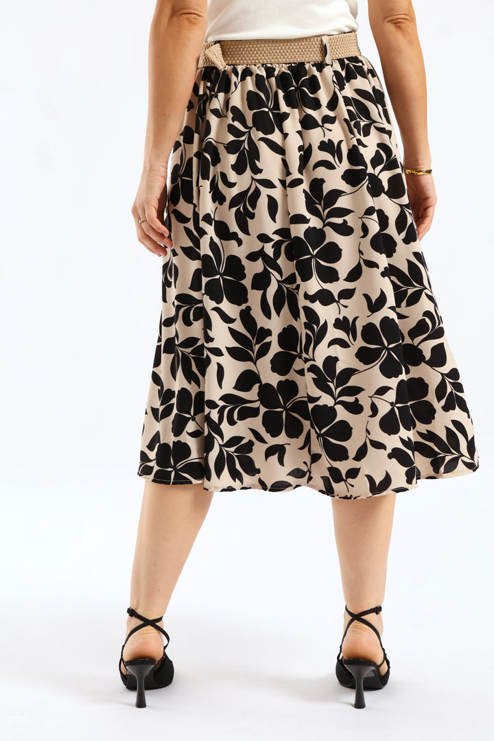 Rafia Belted Printed Flare Skirt - Stone/Black