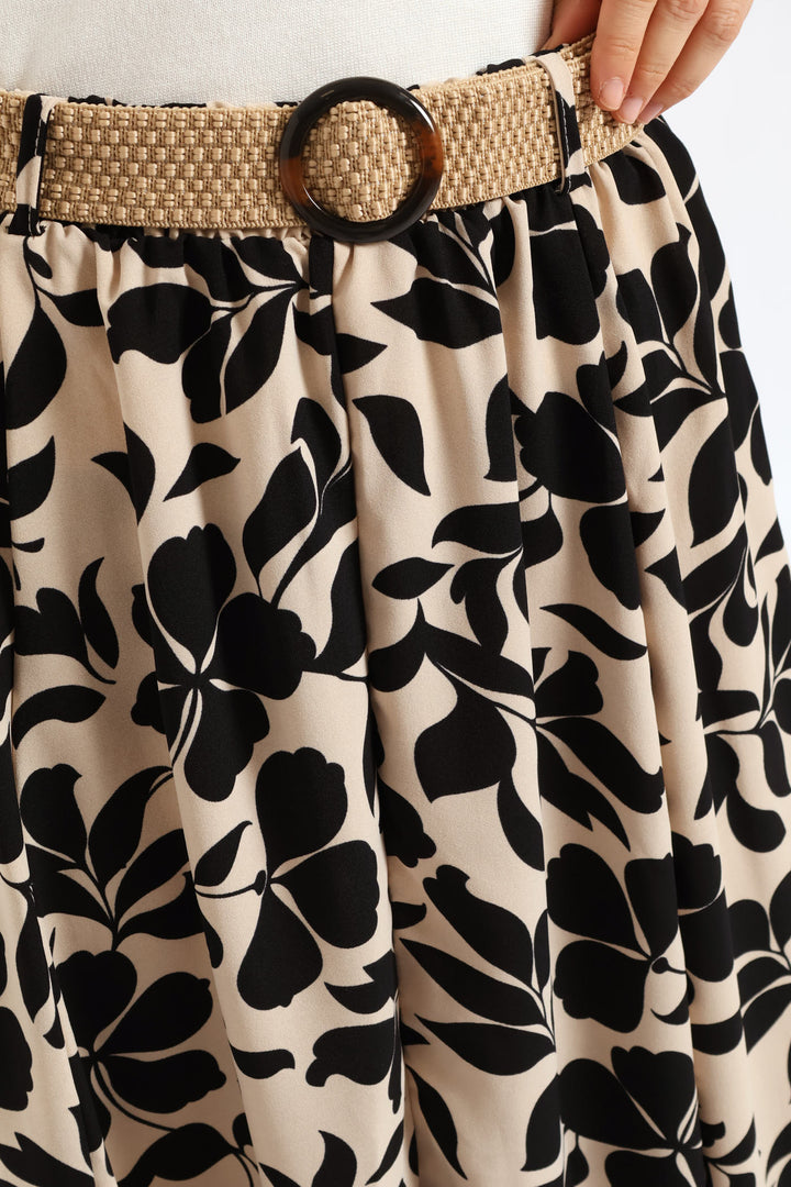 Rafia Belted Printed Flare Skirt - Stone/Black