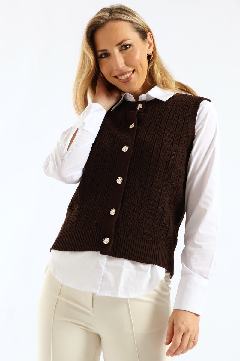 Fancy Button Through Vest - Chocolate