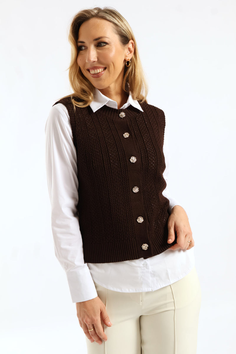 Fancy Button Through Vest - Chocolate