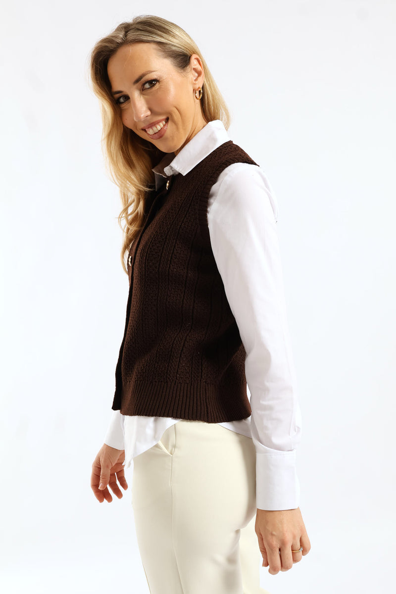Fancy Button Through Vest - Chocolate