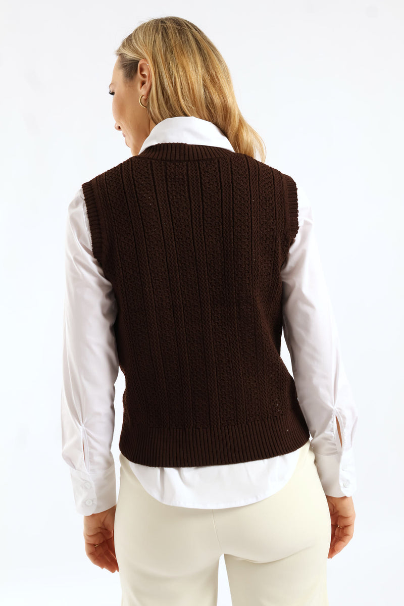 Fancy Button Through Vest - Chocolate