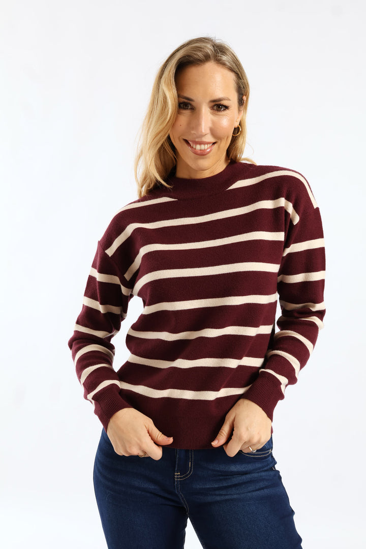 Luxe Academia Stripe Turle Pullover - Cream/Port