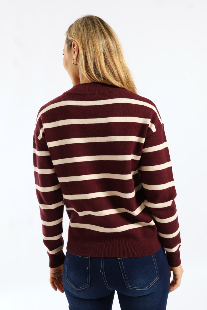 Luxe Academia Stripe Turle Pullover - Cream/Port