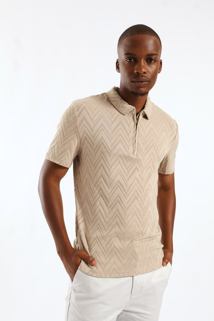 Textured Quarter Zip Knit Golfer - Stone