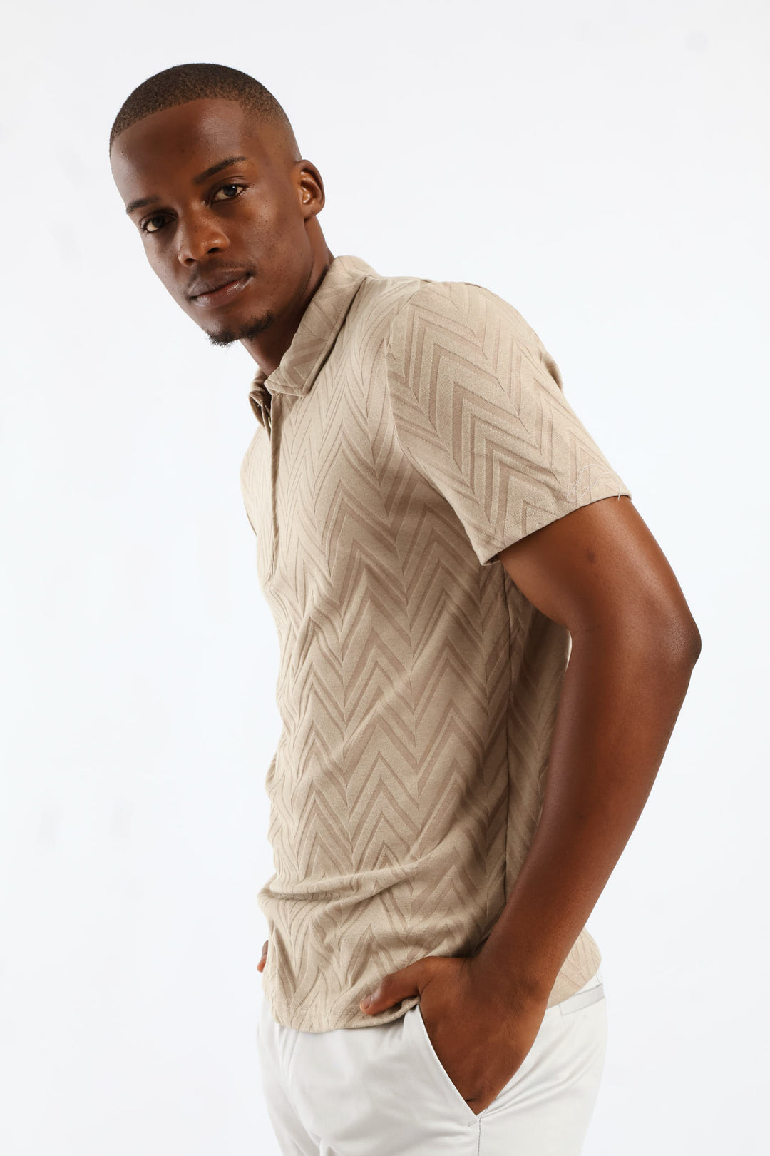 Textured Quarter Zip Knit Golfer - Stone