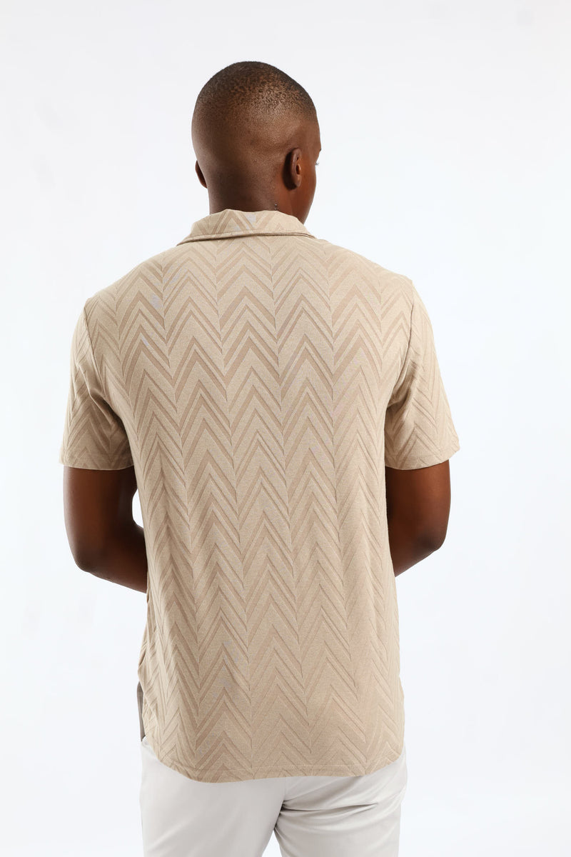 Textured Quarter Zip Knit Golfer - Stone