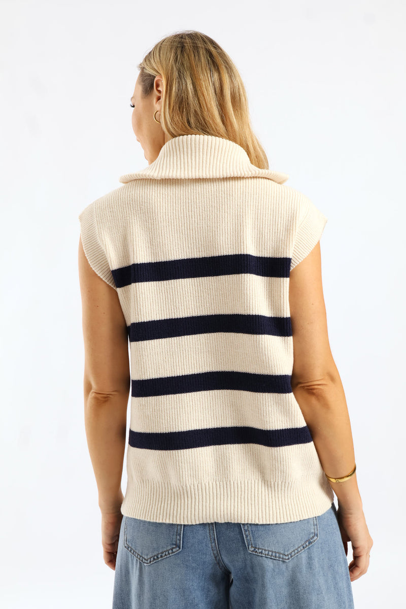 Quarter Zip Oversized Funnel Neck Knitwear Top - Cream/Navy