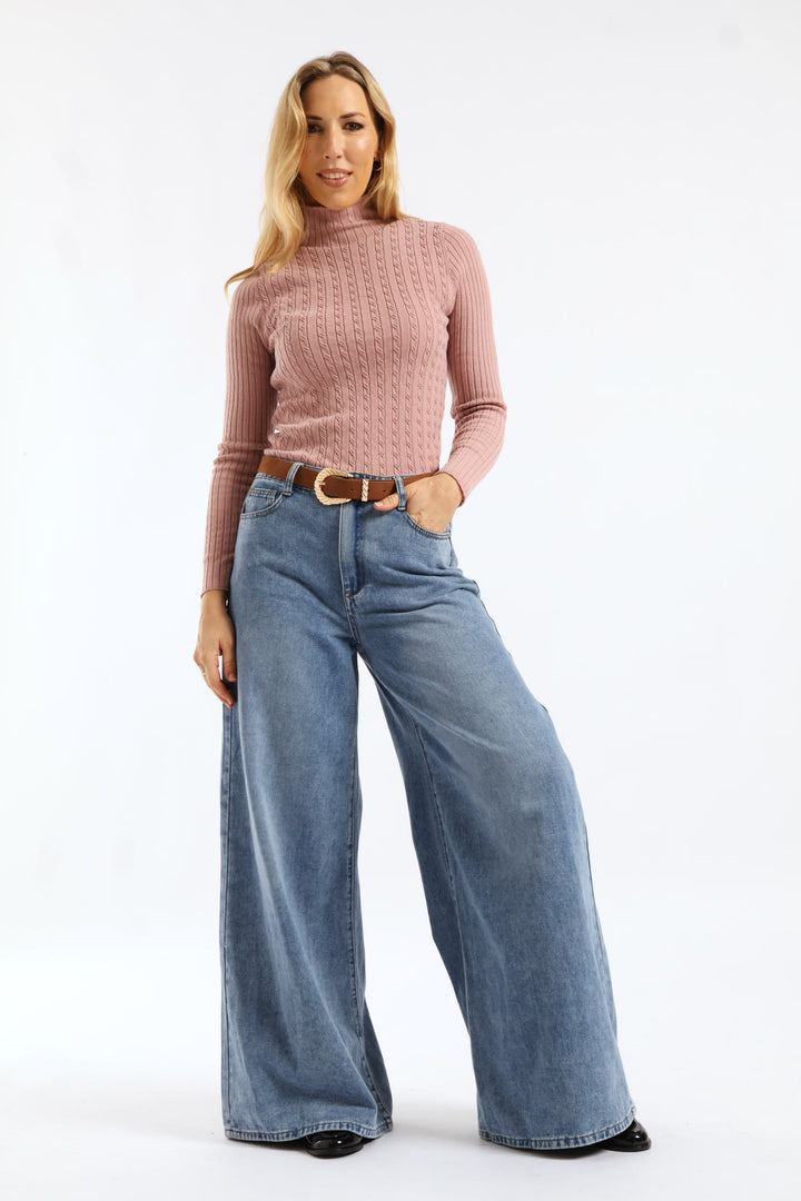 Plain Cable Turtleneck Knitwear - Blush