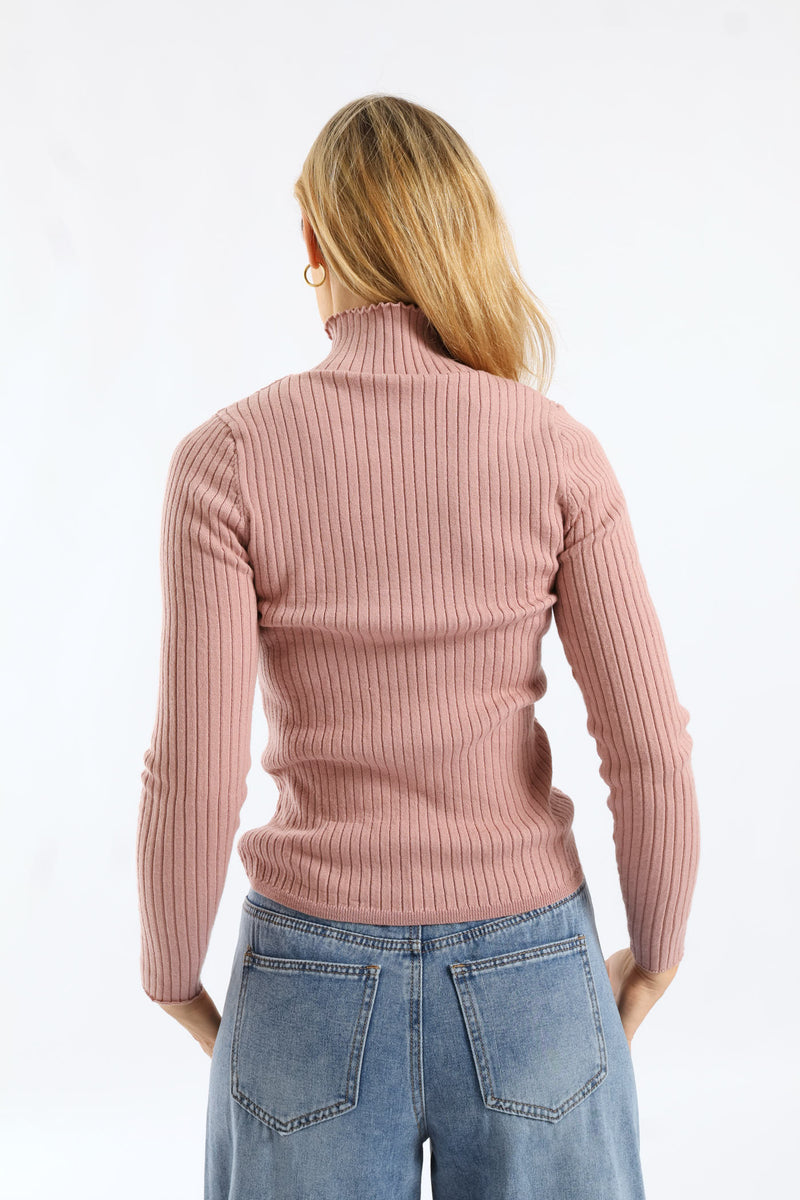 Plain Cable Turtleneck Knitwear - Blush
