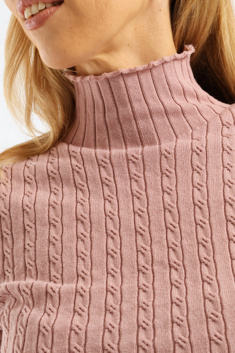 Plain Cable Turtleneck Knitwear - Blush