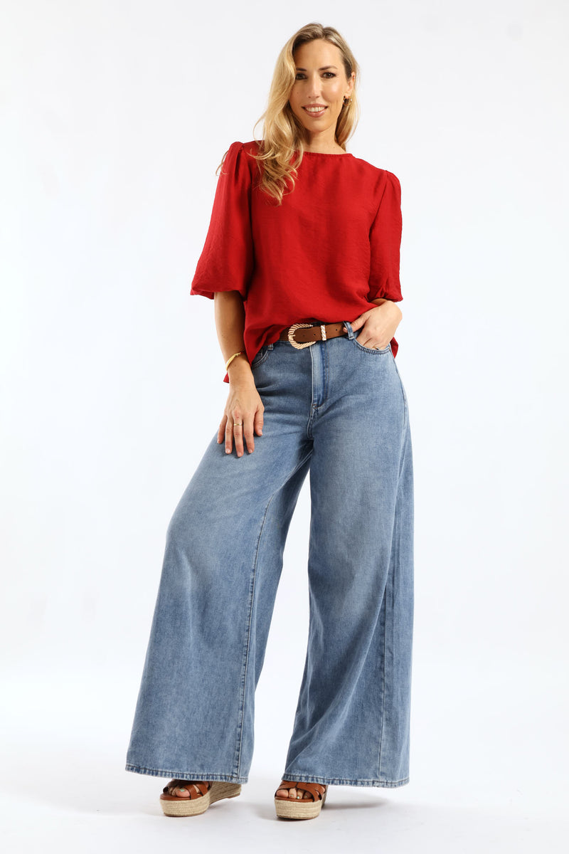 Bubble Sleeve Tie Back Blouse - Rust