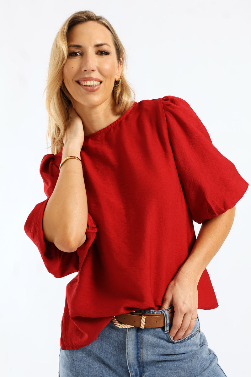 Bubble Sleeve Tie Back Blouse - Rust
