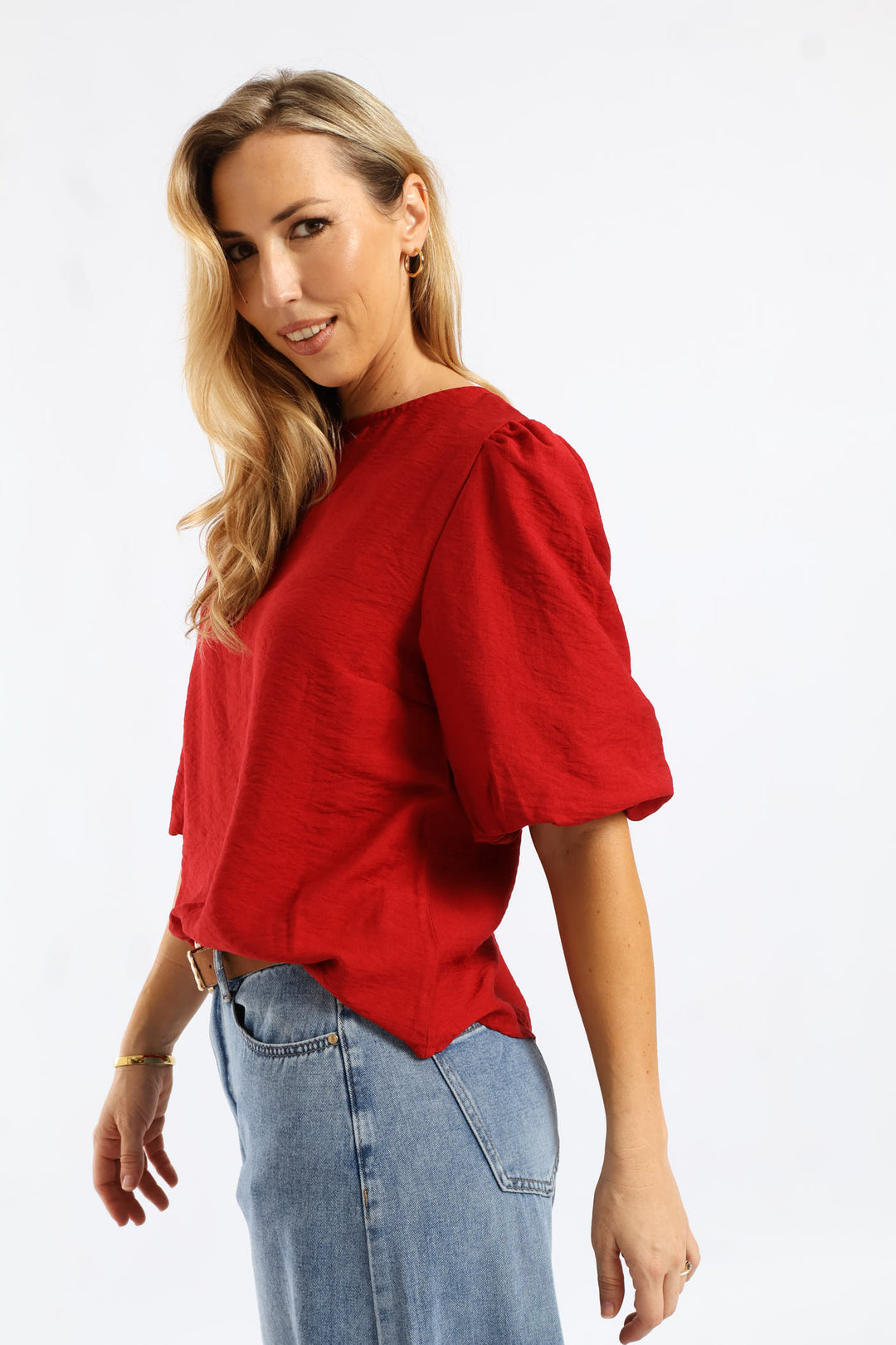 Bubble Sleeve Tie Back Blouse - Rust